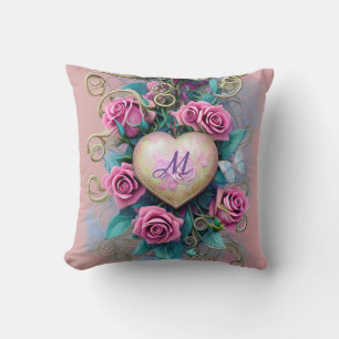 Coussin Rose rose vintage shabby chic et cœur