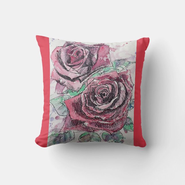 Coussin Rose rouge Aquarelle Peinture Fleur Floral Cushion (Recto)