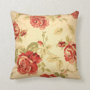 Coussin Rose rouge, crème, bronzage, imprimé à fleurs anti