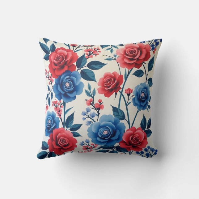Coussin Rose rouge et bleu peint motif sur le petit pain (Verso)