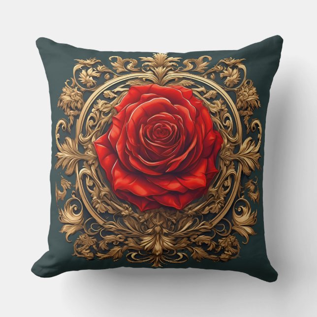 Coussin Rose rouge Orné Avec Cadre Baroque Or (Recto)