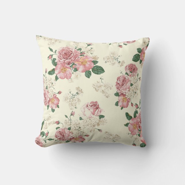 Coussin Rose sur Vintage jaune Floral (Recto)