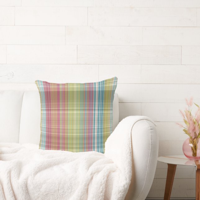 Coussin rose, vert et bleu Plaid (Canapé)