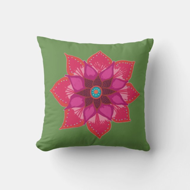 Coussin Rose Vert Rouge Rouge Rouge Mandala fleur Thailler (Recto)