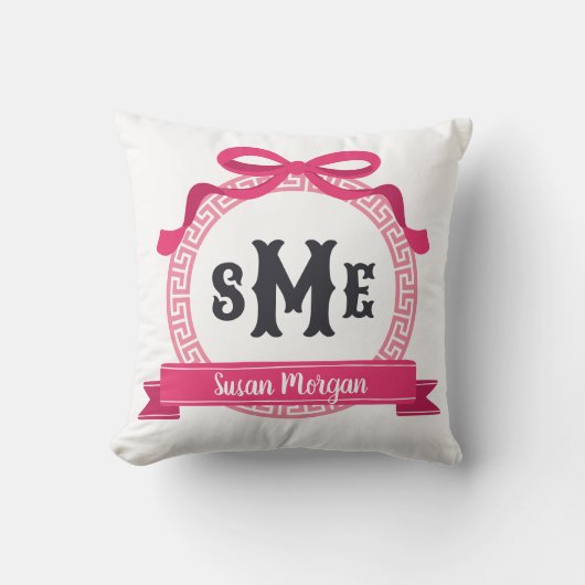 Coussin Rose vif clé grecque arc monogramme (Recto)