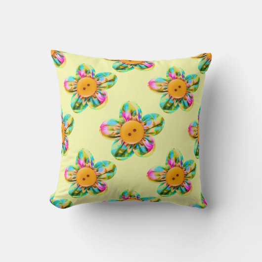 Coussin Rose, violet, fleurs jaunes sur jaune (Recto)