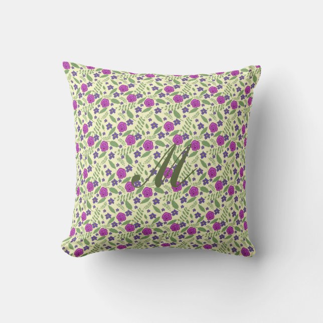 Coussin Rose violette feuille monogramme motif Jeter oreil (Recto)