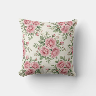 Coussin Roses à l'aquarelle rose vintage motif floral sans