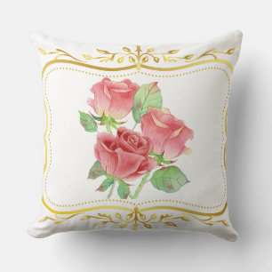 Coussin roses anciennes avec motif floral à cadre doré