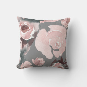 Coussin Roses Aquarelle Rose Charbon Floral Gris