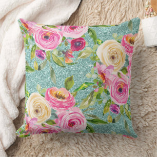 Coussin Roses aquarelles en rose et crème avec paillettes 
