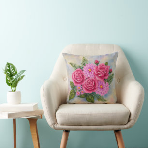 Coussin Roses avec Dahlias