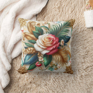 Coussin Roses avec Feuilles d'or sur marbre