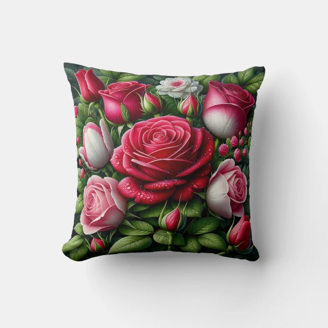 Coussin "Roses baisés par la pluie : Élégance vive" (Recto)