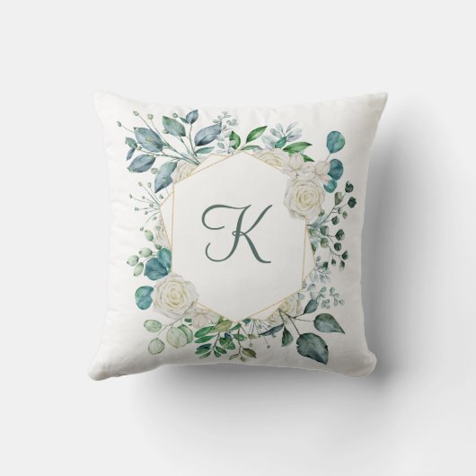 Coussin Roses blanches à monogramme Floral greenery Eucaly (Verso)