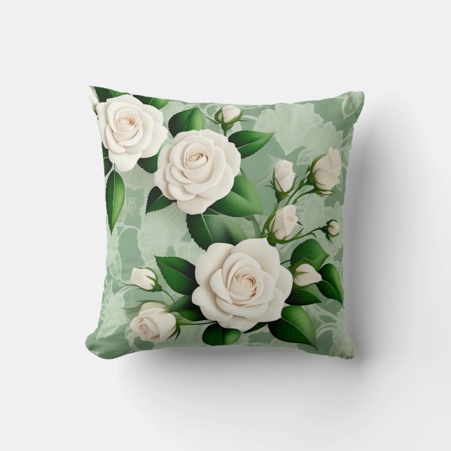 Coussin Roses Blanches Élégantes Sur Vert (Recto)