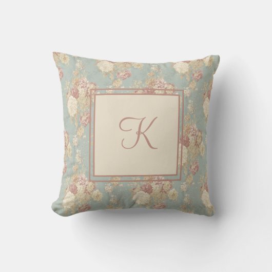 Coussin Roses blanches et roses Monogram sur fond bleu  (Recto)