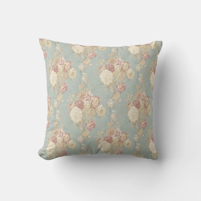 Coussin Roses blanches et roses sur Blue Shabby Chic (Recto)