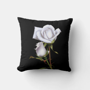 Coussin Roses Blanches Romantiques Élégant Glam Floral Noi