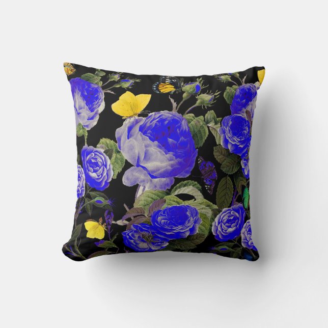 Coussin ROSES BLEUS ET BOUTEILLES JAUNES Noirs (Recto)