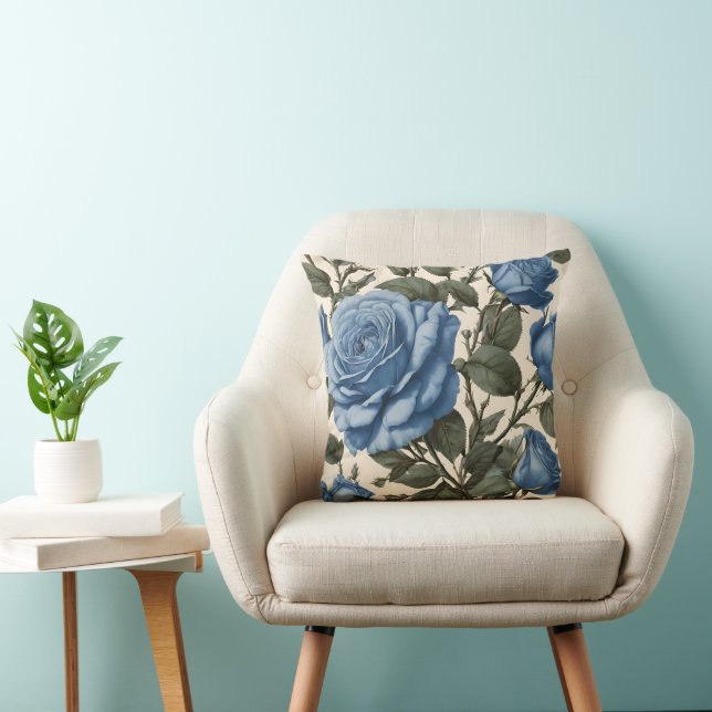Coussin Roses Bleus Et Feuilles Verts, (Chaise)