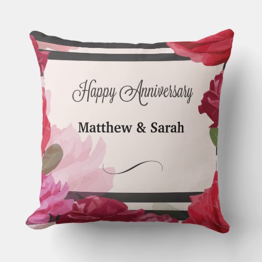 Coussin Roses d'anniversaire de mariage, rayures, noms per (Recto)