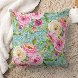 Coussin Roses d'aquarelle en Parties scintillant Aqua rose