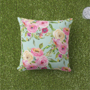 Coussin Roses d'aquarelle en rose et crème sur Aqua