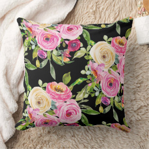 Coussin Roses d'aquarelle en rose et crème sur noir