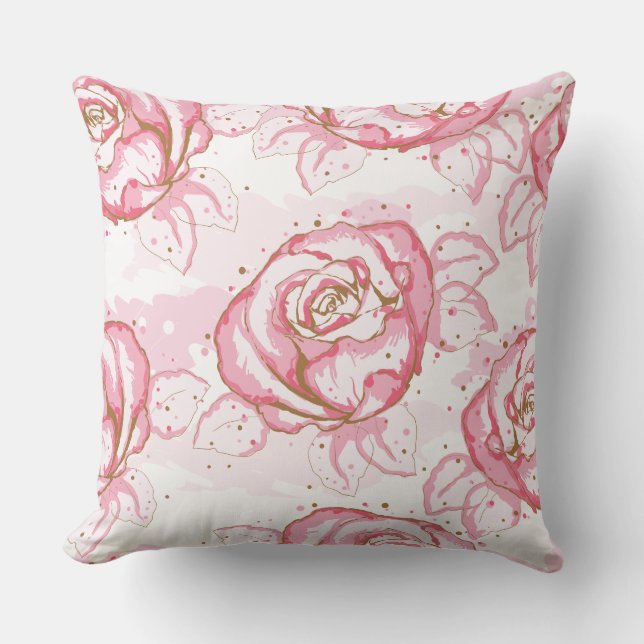 Coussin Roses d'aquarelle rose sur l'oreiller à lave blanc (Recto)