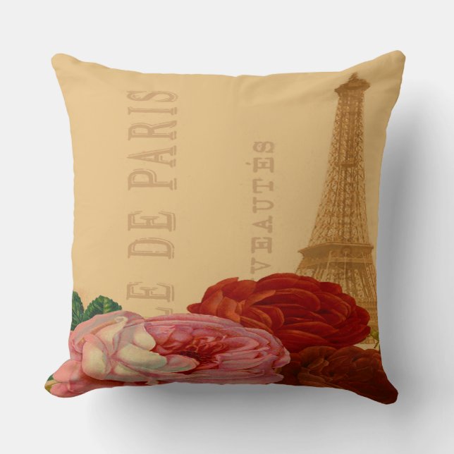 Coussin Roses d'art vintage Paris et Tour Eiffel (Recto)