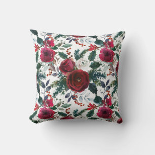 Coussin Roses de Bourgogne, pin, Holly Christmas Floral