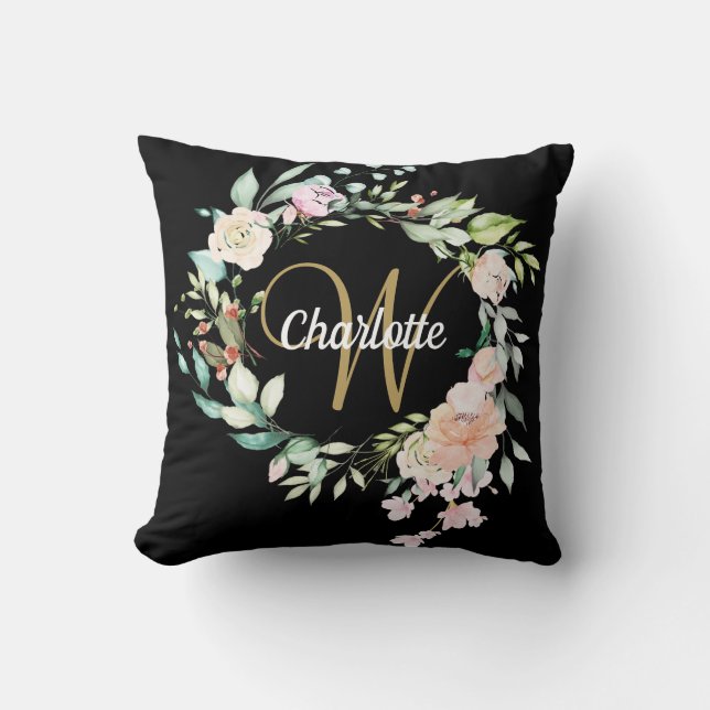 Coussin Roses de monogramme en écriture dorée Floral Noir (Recto)