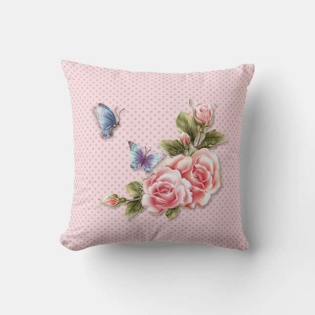 Coussin Roses de papillon rose Polka Dot (Recto)