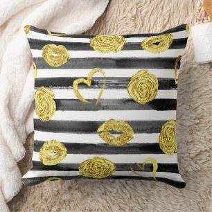 Coussin Roses dorées, lèvres, cœurs et rayures noires