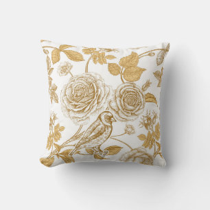 Coussin Roses dorés, fleurs, feuilles et baies de chien