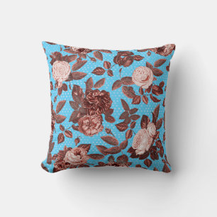 Coussin Roses en cuivre élégantes vintage sur fond bleu