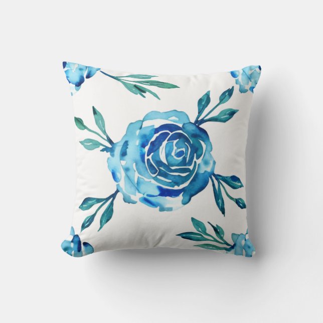Coussin Roses et feuillage bleus à l'aquarelle (Recto)