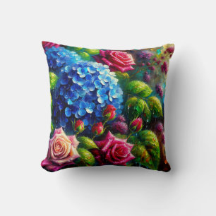 Coussin "Roses et hydrangeas en pluie - Art Floral vibrant
