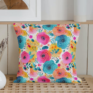 Coussin Roses Fantaisistes à l'Aquarelle