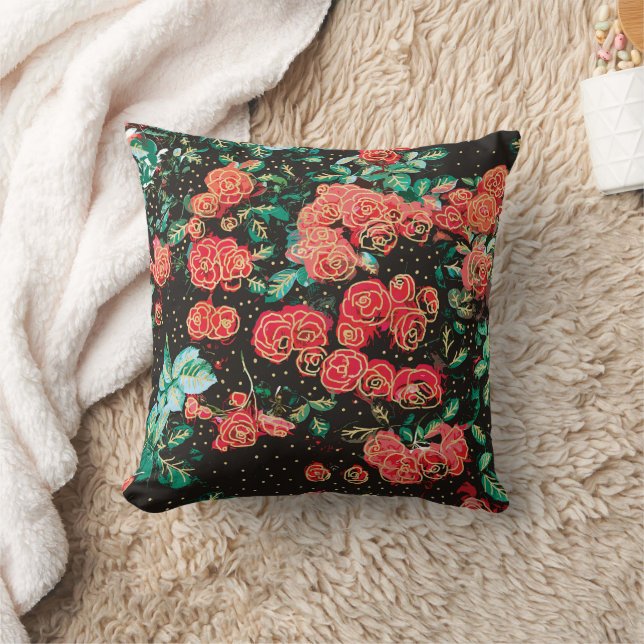 Coussin Roses Fleurs Rouges Sombres Rétro à Motif à Points (Couverture)