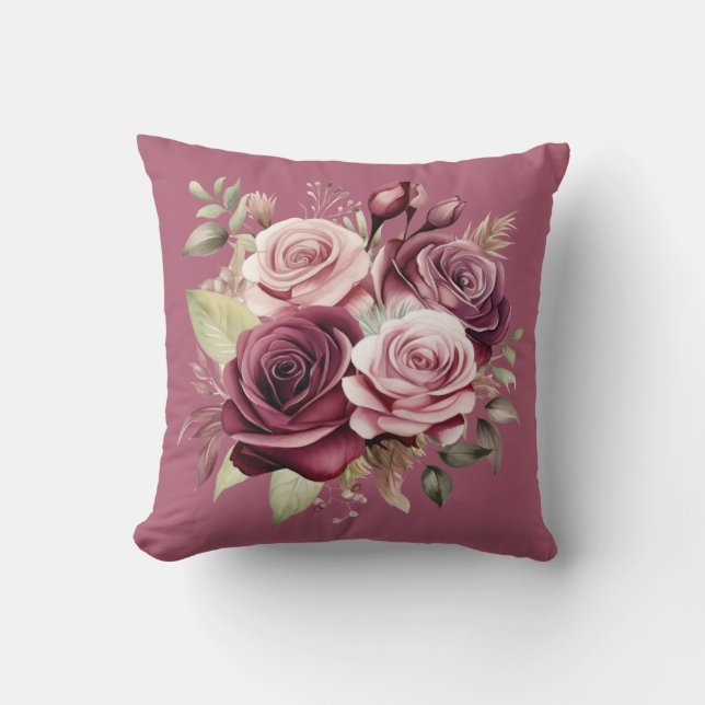 Coussin Roses Florales Classiques Rouge Bourgogne  (Recto)