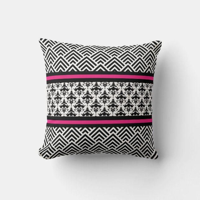 Coussin Roses indien élégantes, Chevron noir et blanc (Recto)