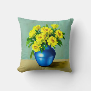 Coussin Roses jaunes dans un Vase bleu Boho Art