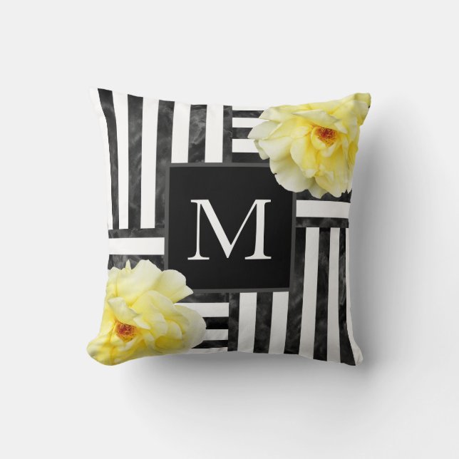 Coussin Roses jaunes Grandes noires et blanches (Recto)