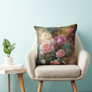 Coussin Roses peintes blanches et roses douces de style vi