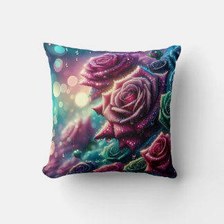 Coussin "Roses rayonnants avec gouttes d'eau"
