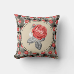 Coussin Roses roses anciennes et motif pied-de-poule
