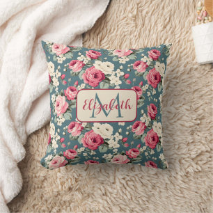 Coussin Roses Roses Anciennes sur Monogramme Bleu Foncé