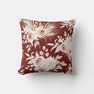 Coussin Roses roses Boho rose sur le rouge Bourgogne